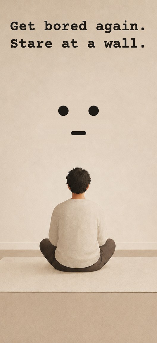 Get bored again. Stare at a wall. Someone sits cross-legged on the floor facing a blank wall, with the app&rsquo;s face on the wall above them.