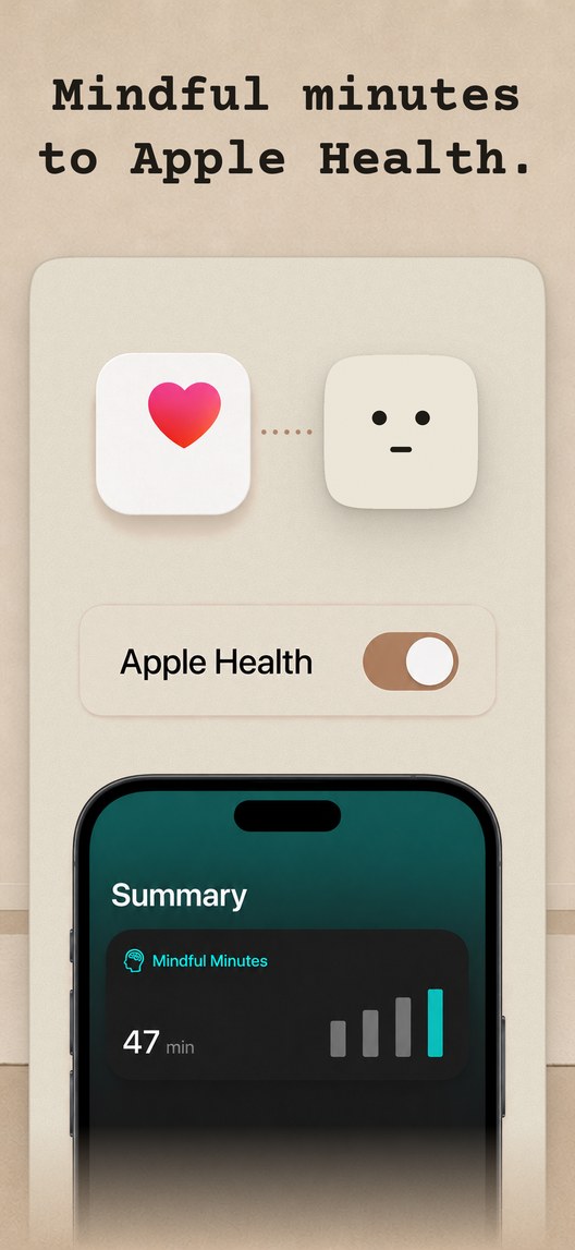 Mindful minutes to Apple Health. The Health icon linked across to the app&rsquo;s face, an Apple Health switch turned on, and a Health summary showing 47 mindful minutes.